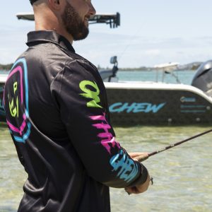 281A8108 Fishing and lifestyle clothing. On The Chew <ul class="mybullet"> <li>Custom polyester blend for total comfort</li> <li>Soft & smooth 4-way stretch</li> <li>Ventilated for ultimate breathability</li> <li>Moisture wicking & fast drying</li> <li>UPF 50+ sun protection with collar</li> <li>Please note that due to variations amongst screens and photo lighting, actual colours may vary</li> </ul> <p style="text-align: center;">[button size="medium" style="secondary" text="Click to get retro led in a TEE" link="https://onthechew.com.au/product/retro-led-tee/"]</p> $69.99
