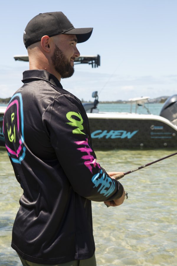 281A8108 scaled Fishing and lifestyle clothing. On The Chew <ul class="mybullet"> <li>Custom polyester blend for total comfort</li> <li>Soft & smooth 4-way stretch</li> <li>Ventilated for ultimate breathability</li> <li>Moisture wicking & fast drying</li> <li>UPF 50+ sun protection with collar</li> <li>Please note that due to variations amongst screens and photo lighting, actual colours may vary</li> </ul> <p style="text-align: center;">[button size="medium" style="secondary" text="Click to get retro led in a TEE" link="https://onthechew.com.au/product/retro-led-tee/"]</p> $69.99