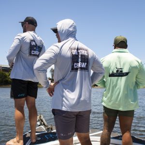 281A8444 Fishing and lifestyle clothing. On The Chew <ul class="mybullet"> <li>Light weight hooded jersey with a built in franga</li> <li>Custom polyester blend for total comfort</li> <li>Soft & smooth 4-way stretch</li> <li>Ventilated for ultimate breathability</li> <li>Moisture wicking & fast drying</li> <li>UPF 30+ sun protection with collar</li> <li>Please note that due to variations amongst screens and photo lighting, actual colours may vary</li> </ul> <p style="text-align: center;">[button size="medium" style="secondary" text="Click to get in the box in a TEE" link="https://onthechew.com.au/product/in-the-box-tee/"]</p> $79.99