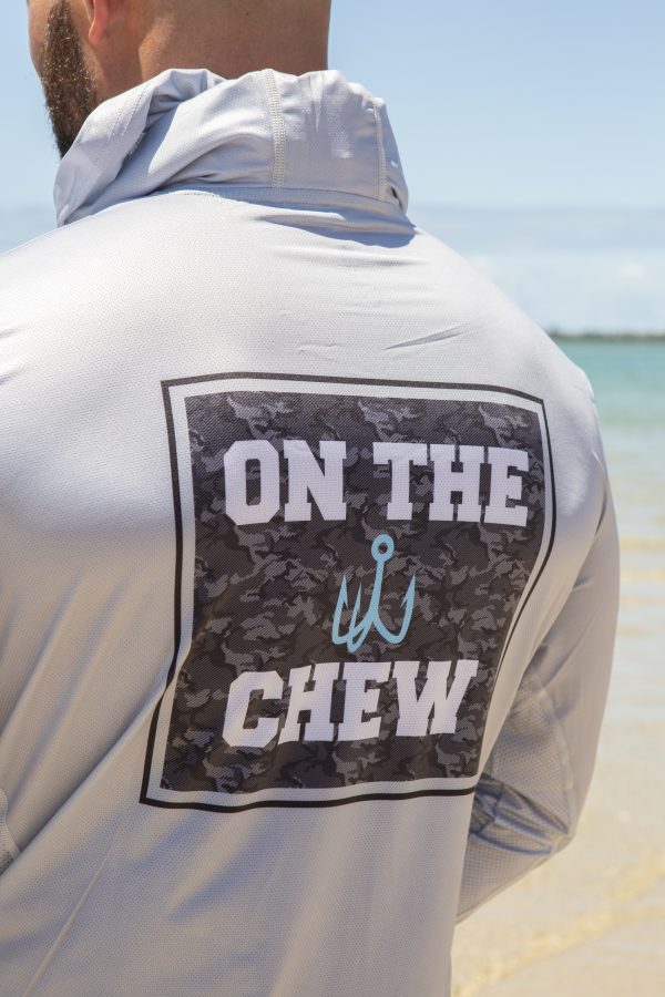 original scaled Fishing and lifestyle clothing. On The Chew <ul class="mybullet"> <li>Light weight hooded jersey with a built in franga</li> <li>Custom polyester blend for total comfort</li> <li>Soft & smooth 4-way stretch</li> <li>Ventilated for ultimate breathability</li> <li>Moisture wicking & fast drying</li> <li>UPF 30+ sun protection with collar</li> <li>Please note that due to variations amongst screens and photo lighting, actual colours may vary</li> </ul> <p style="text-align: center;">[button size="medium" style="secondary" text="Click to get in the box in a TEE" link="https://onthechew.com.au/product/in-the-box-tee/"]</p> $79.99